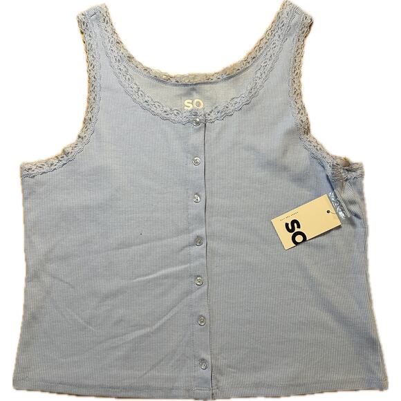 SO Women's Lace Trim Button Front Tank Top Blue Size XL Cotton Blend‎ - Picture 1 of 4
